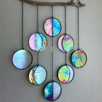 Visually captivating hanging decor with boho moon, rainbow, and mirror design