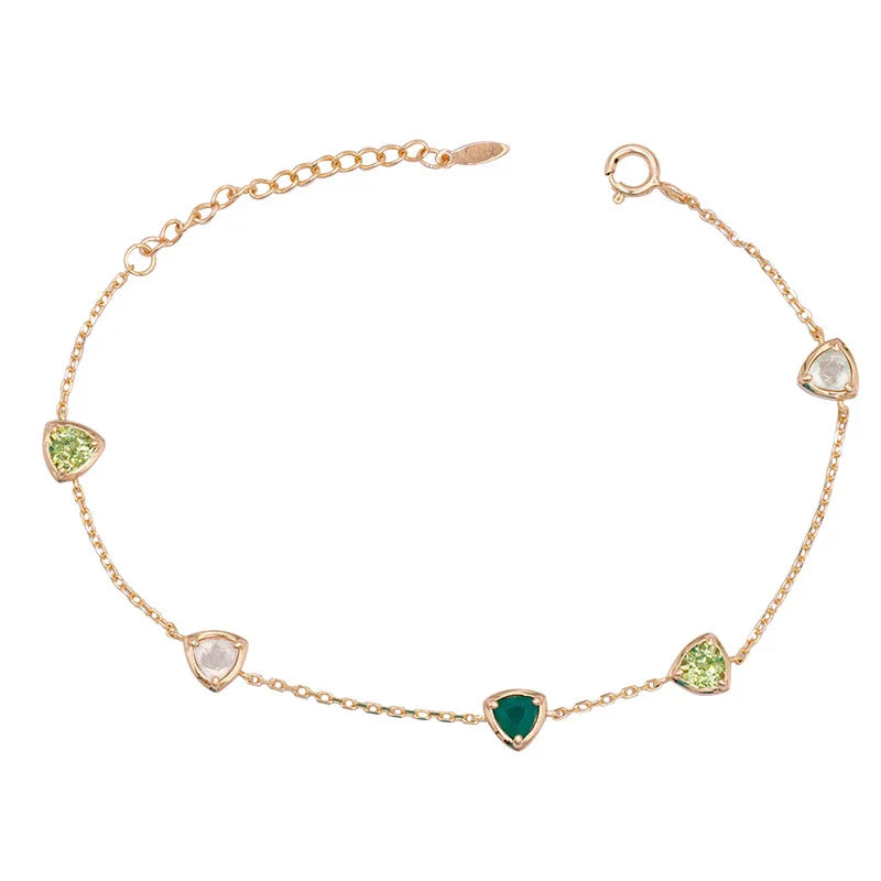 A beautiful, eco-friendly bracelet featuring natural green gems in a modern geometric design
