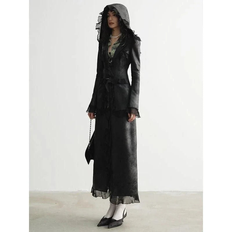 Stylish long sleeve hooded suede and PU leather overcoat for women, featuring a unique mesh patchwork design and single-breasted cut