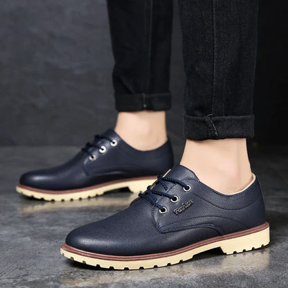 Versatile and waterproof lace-up shoes in black, brown, and blue colors for Kiwi men