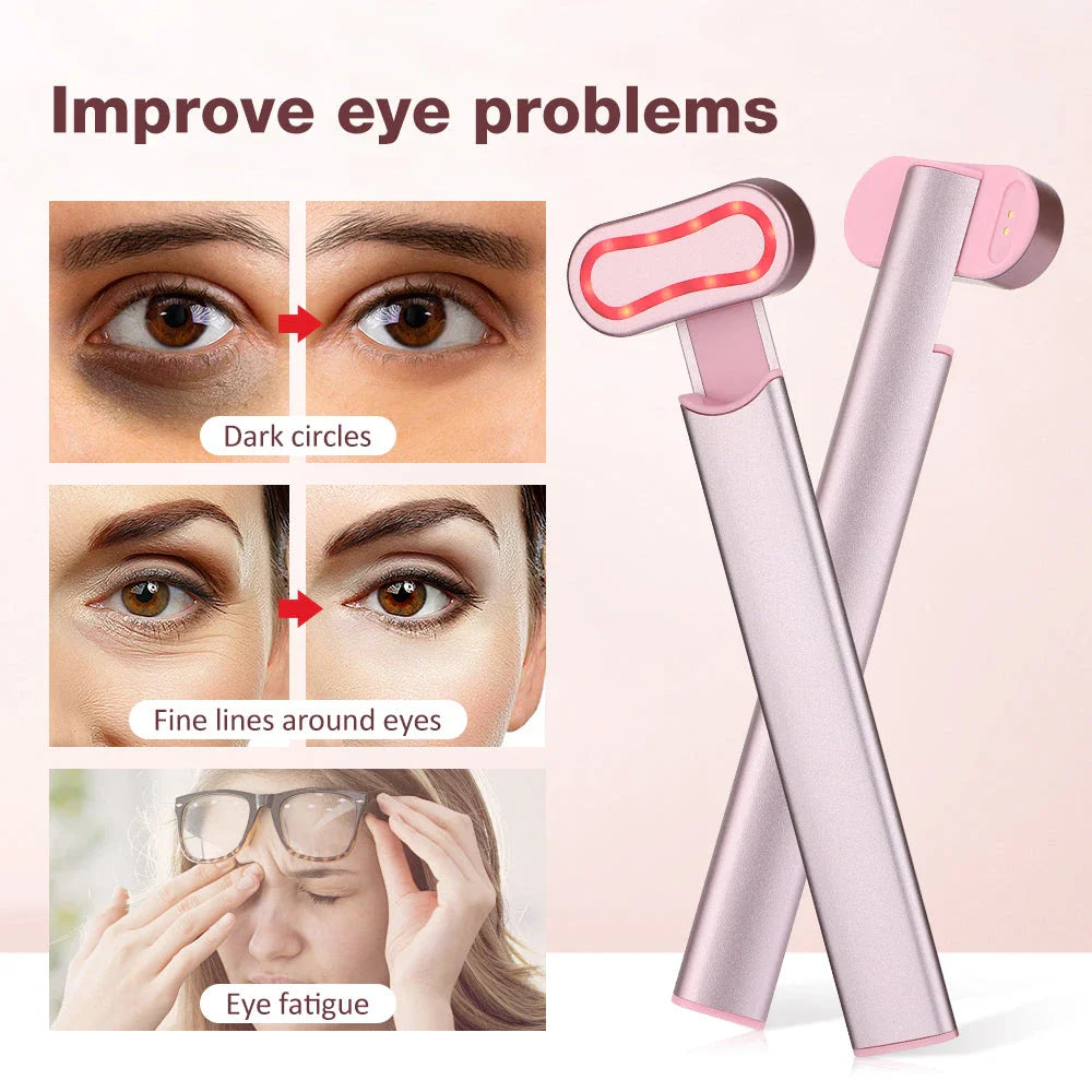 EMS Eye Beauty Massager with 360-degree rotating head, microcurrent technology, and warm compress therapy for reducing dark circles and wrinkles