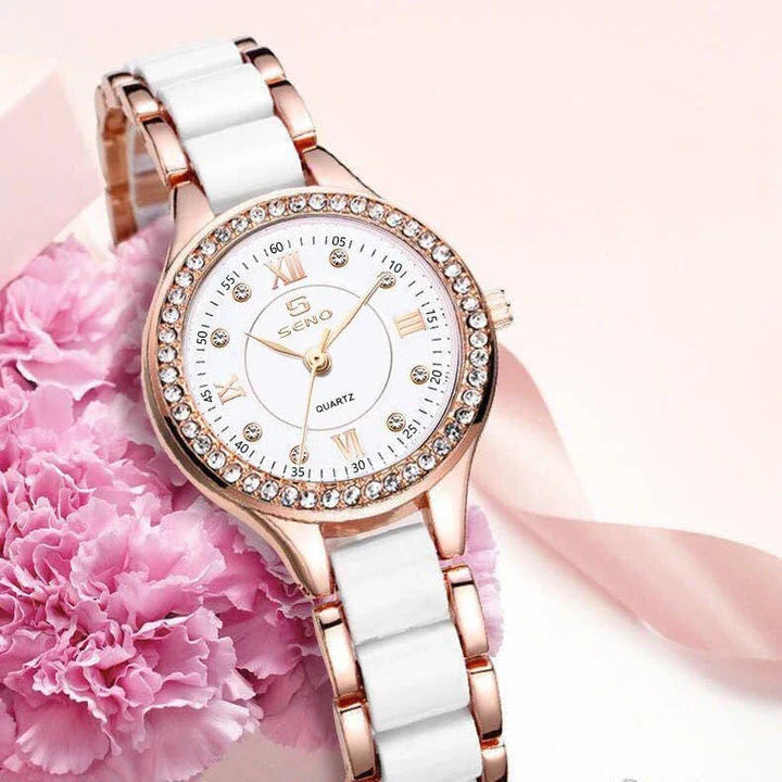 Ceramic Ladies Bracelet Watch in a silver and white color with a durable stainless steel buckle