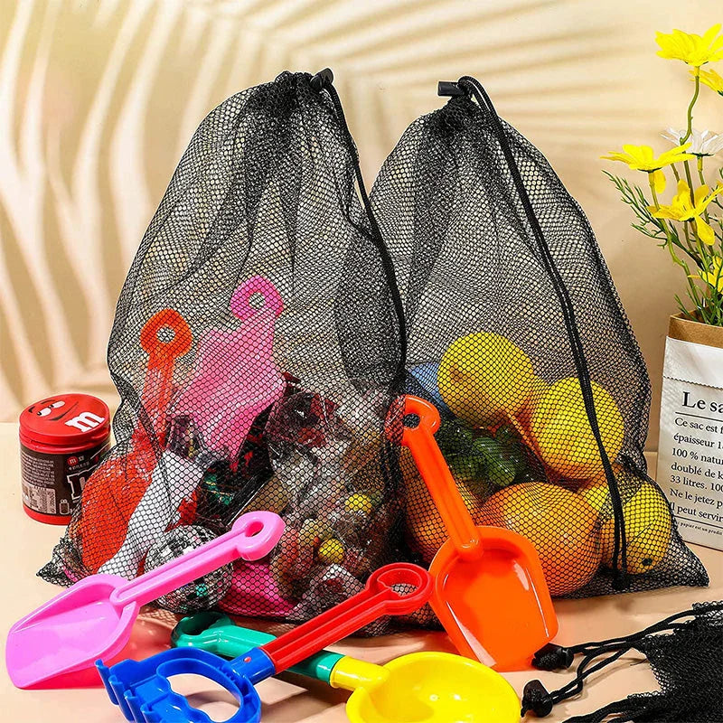 Nylon mesh drawstring storage bag in various sizes, suitable for storing sports gear, laundry, and more