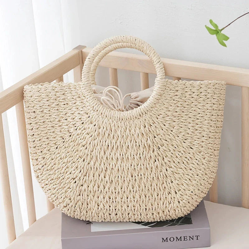 Premium handcrafted bohemian-style straw tote bag in beige color, perfect for Kiwi summer adventures