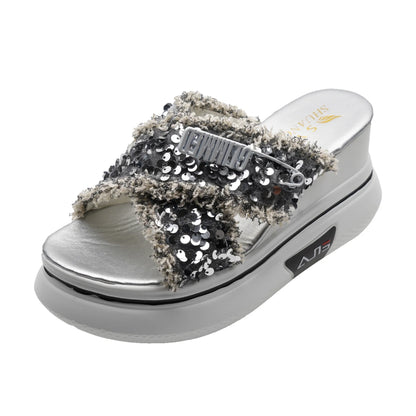 Trendha Sequined Sponge Cake Wedge Heel Sandals in Black and Silver colors