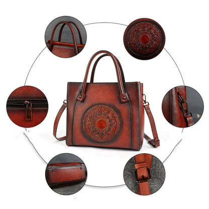 Stylish diagonal leather handbag in red, brown, and gray colours, featuring a roomy interior, multiple pockets, and a comfortable hard handle