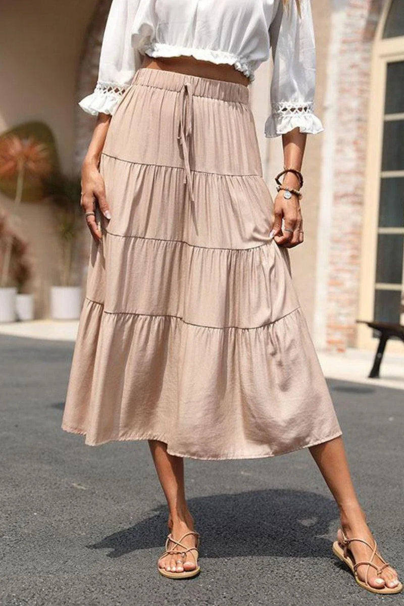 Shopfluxpro NZ Stylish Tiered Midi Skirt with Comfortable Elastic Waist