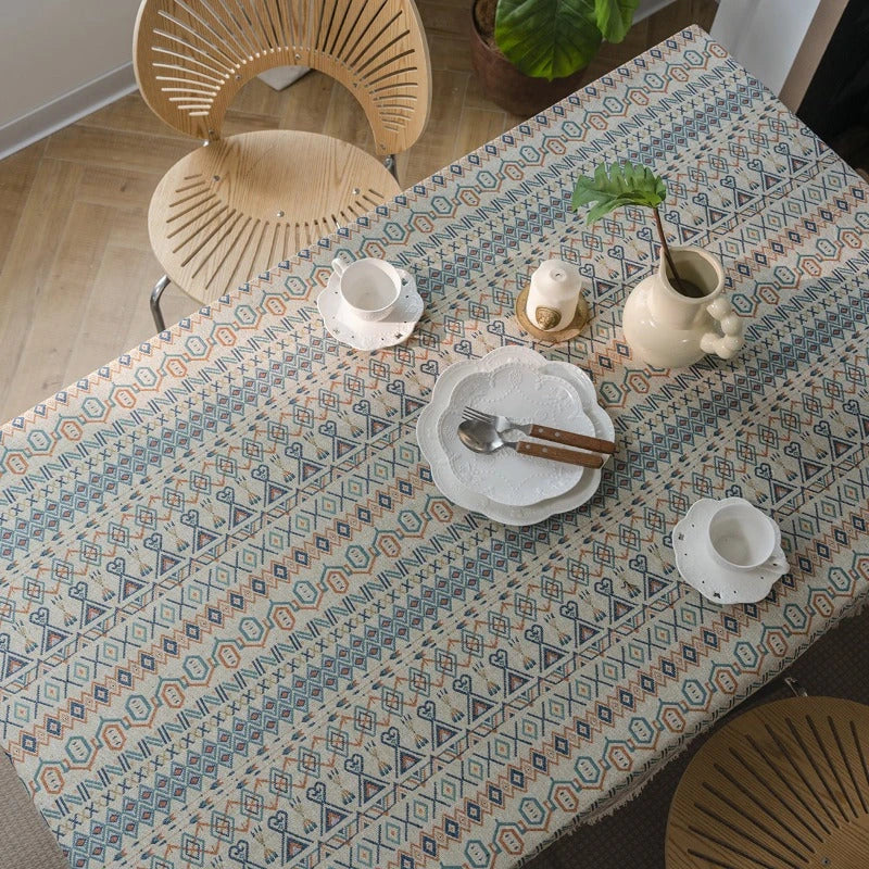 Stylish geometric jacquard tablecloth with a modern bohemian design, perfect for enhancing the look and feel of any Kiwi dining space.
