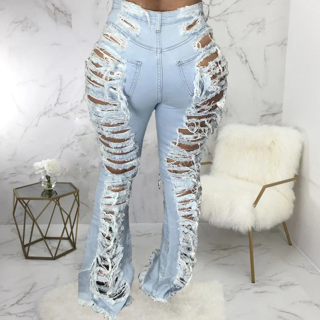 Stylish stretch denim flare jeans in black and light blue colors, featuring a high-waisted, bell-bottom design for a flattering, retro-inspired look.