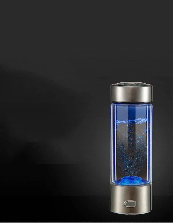 Stainless steel water bottle with blue color and one-touch lid, filled with hydrogen-rich water