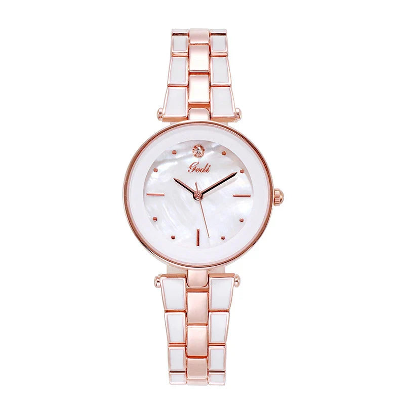 Stylish Korean-inspired ladies watch with white dial, rose gold accents, and quartz movement