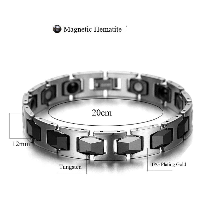 A close-up view of a sleek, geometric-shaped tungsten steel bracelet with a polished metal finish.
