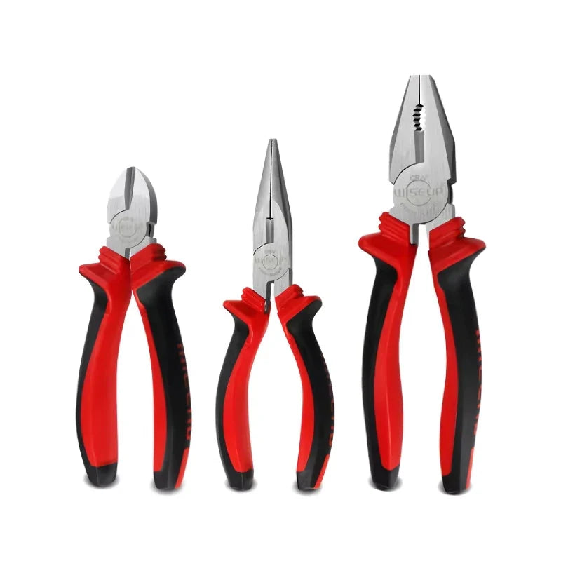 Multifunctional Universal Pliers Set with 8" combo pliers, 6" diagonal cutters, and 6" long-nose pliers made from durable chrome vanadium steel