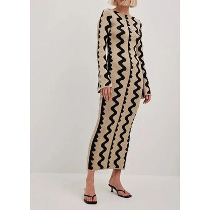 Elegant striped knit midi dress with O-neck design, featuring a flattering slim fit and comfortable ankle-length cut for the modern Kiwi woman.