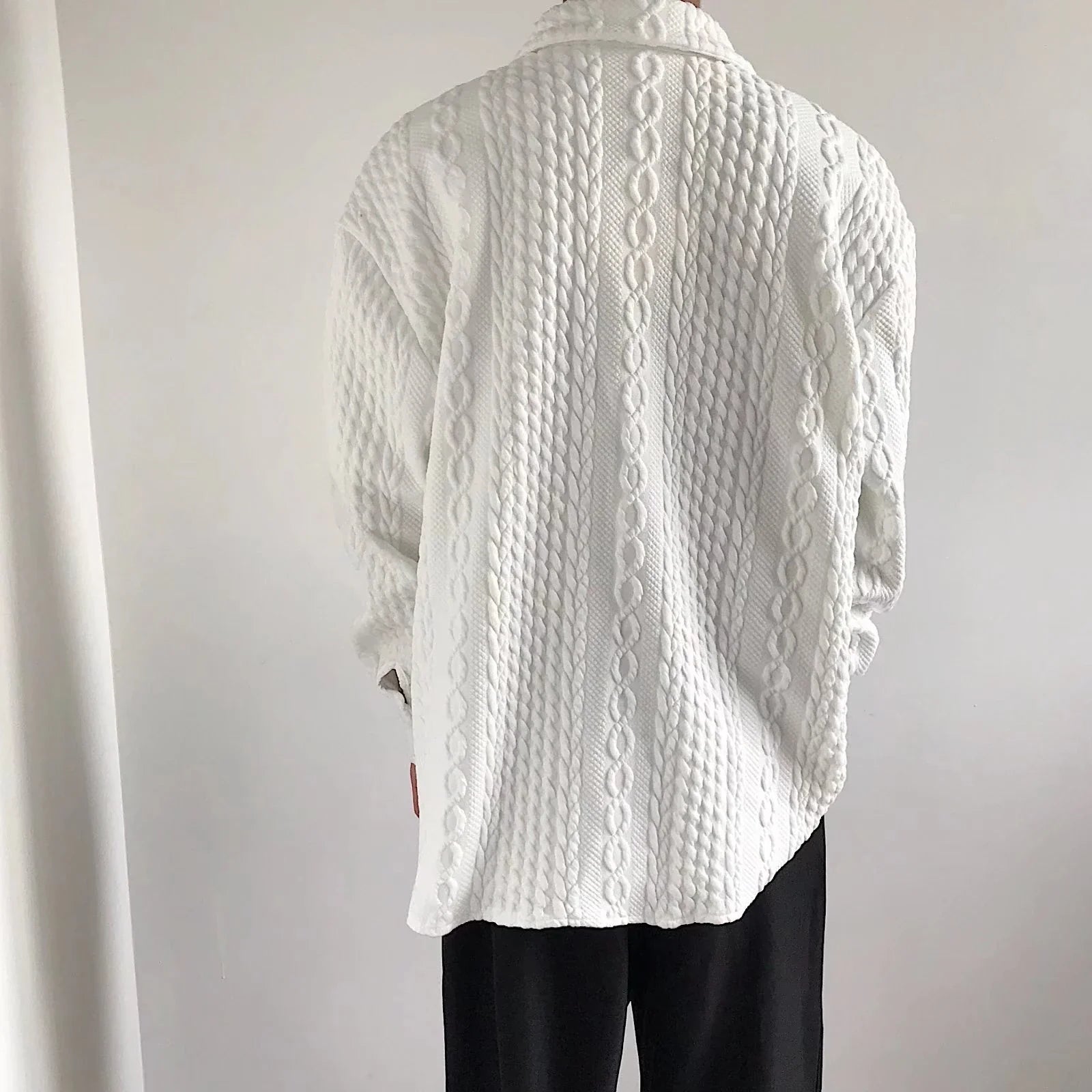 A relaxed-fit, long-sleeve men's shirt featuring a stylish Japanese-inspired hemp pattern in a versatile white color