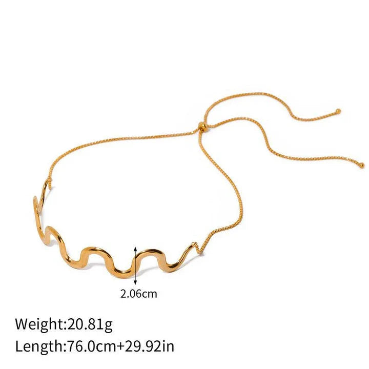 18K gold-plated stainless steel wave bracelet and necklace set with adjustable drawstring closure