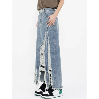 High-waisted denim skirt with unique pattern of holes and irregular burrs, made from premium cotton-polyester blend