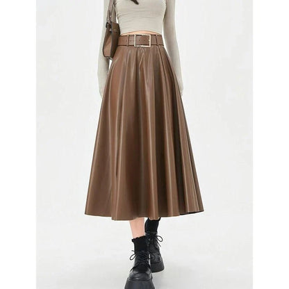 Elegant high-waist faux leather skirt with stylish belt, perfect for office or casual wear