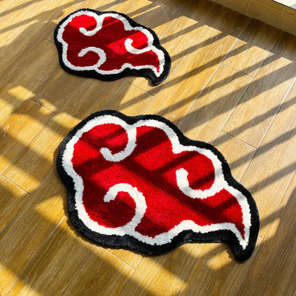 Vibrant red cloud anime-inspired tufted doormat with a soft, comfortable acrylic material and anti-slip backing