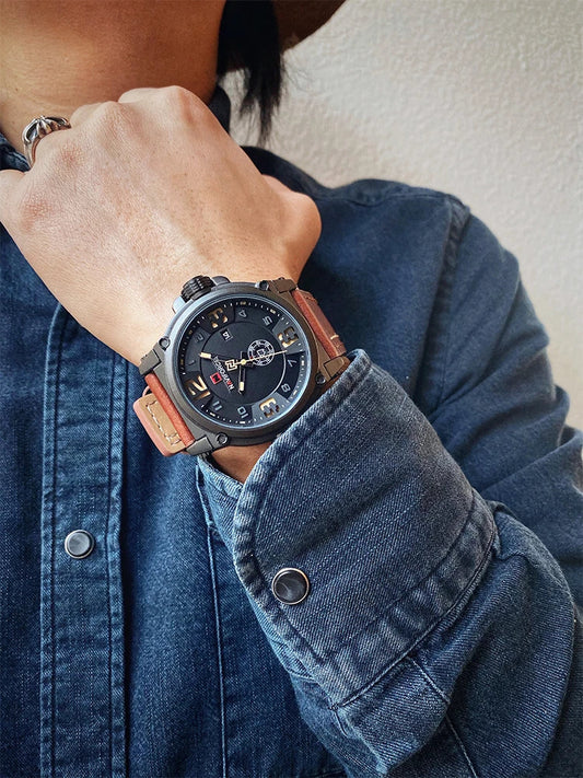 A classic vintage-inspired aviator watch with a durable alloy case, reinforced mineral glass face, and an artificial leather strap for comfort and style.