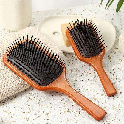 Anti-static wooden air cushion hair brush with scalp-massaging action, designed for healthy, beautiful hair