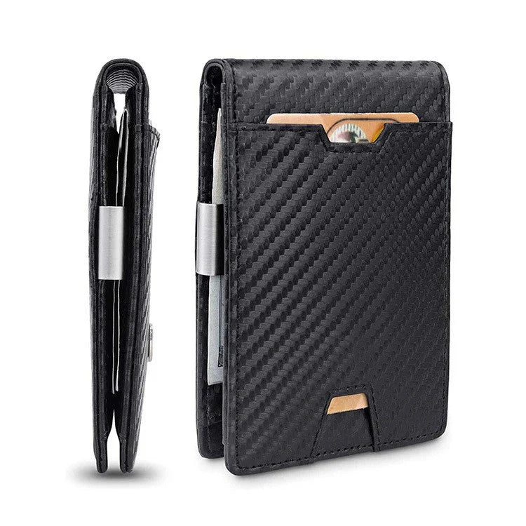 A stylish black leather card holder with a money clip, featuring carbon fibre accents for a sleek, modern look.