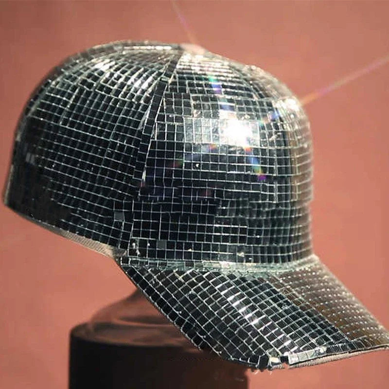 Silver mirror peaked cap with a stylish and reflective design, perfect for summer parties and events