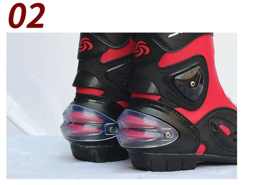 Motorcycle riding boots with reinforced toe and heel, slip-resistant construction, and adjustable straps for a secure fit