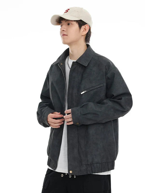 Kiwi-inspired leather jacket with a relaxed, loose fit and classic design elements