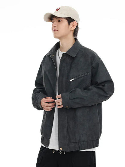 Kiwi-inspired leather jacket with a relaxed, loose fit and classic design elements