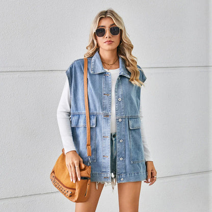 Trendha Denim Vest with Big Pockets - A stylish and functional sleeveless outwear piece for Kiwi women