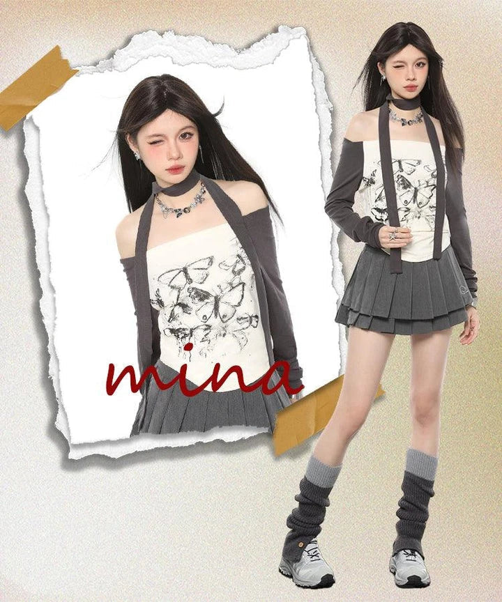 Shopfluxpro NZ Stylish Off-Shoulder Long Sleeve Top with Butterfly Print