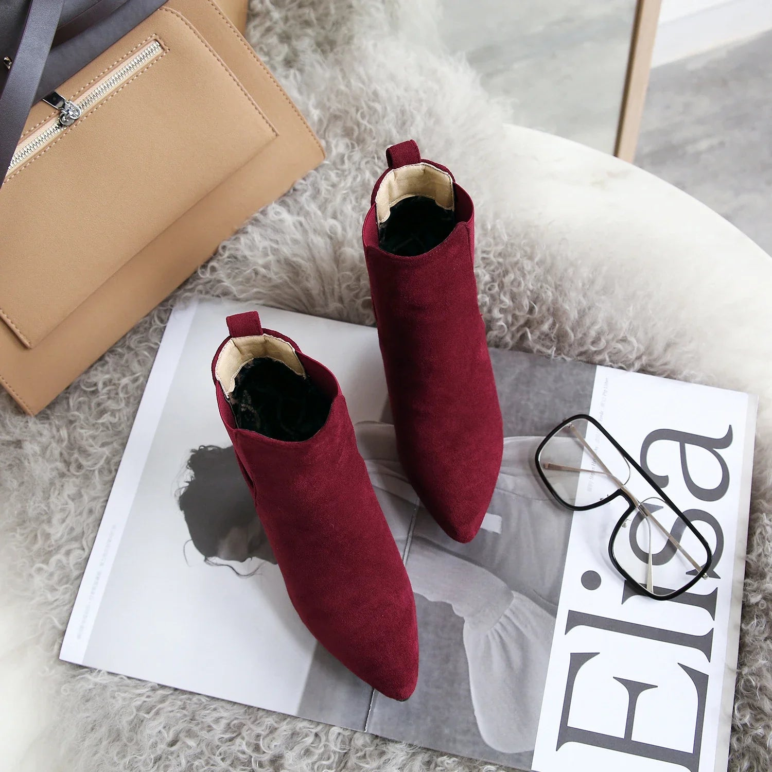 Stylish frosted booties with pointed toe and rubber sole, perfect for everyday wear in New Zealand