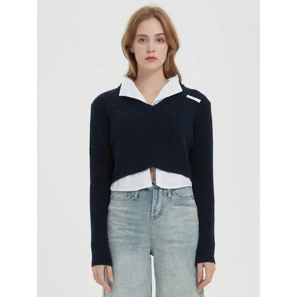 Sophisticated patchwork pullover sweater with a layered design, full sleeves, and a turn-down collar for Kiwi style and comfort