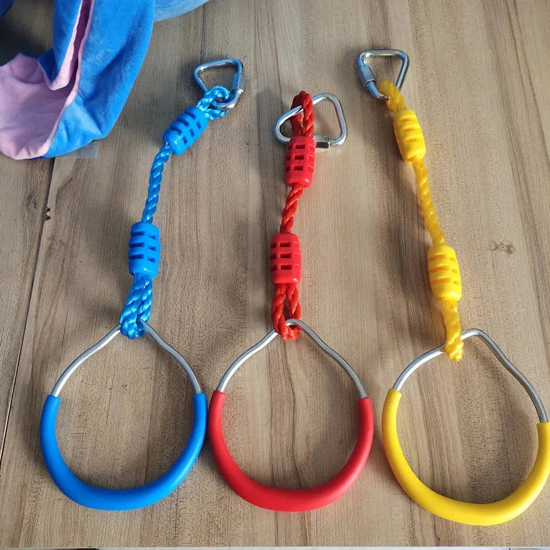 Adjustable Gymnastic Ring Swing for outdoor play and fitness, featuring vibrant colours and a durable, weatherproof design.