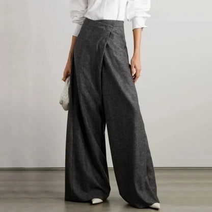 Chic high-waist woollen wide-leg pants with asymmetric details, perfect for the modern Kiwi woman's winter wardrobe