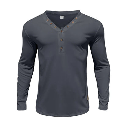 Sleek and stylish slim-fit buttoned v-neck top for the modern Kiwi man, featuring premium synthetic fabric and a versatile design.