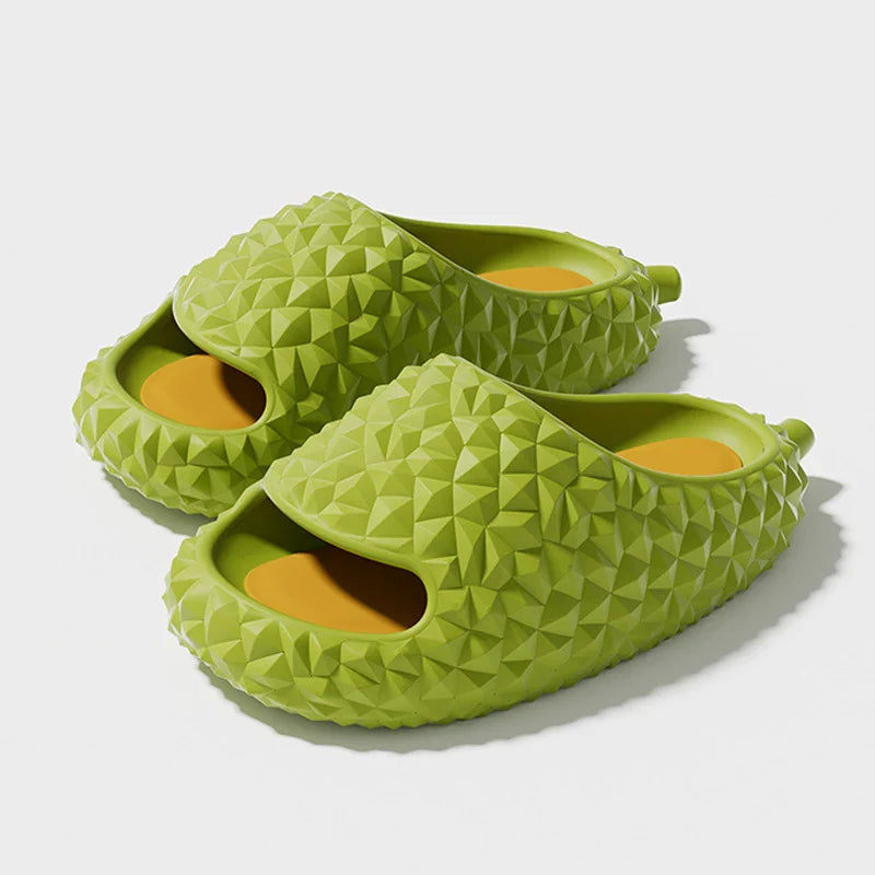 Durian-inspired slippers in vibrant Kiwi-friendly colours, featuring a non-slip EVA sole for comfort and safety