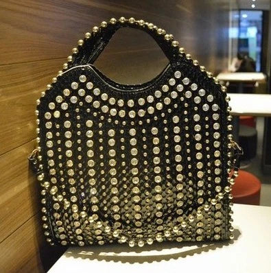 Stylish diamond-studded messenger bag with premium PU leather construction and sparkling rhinestones