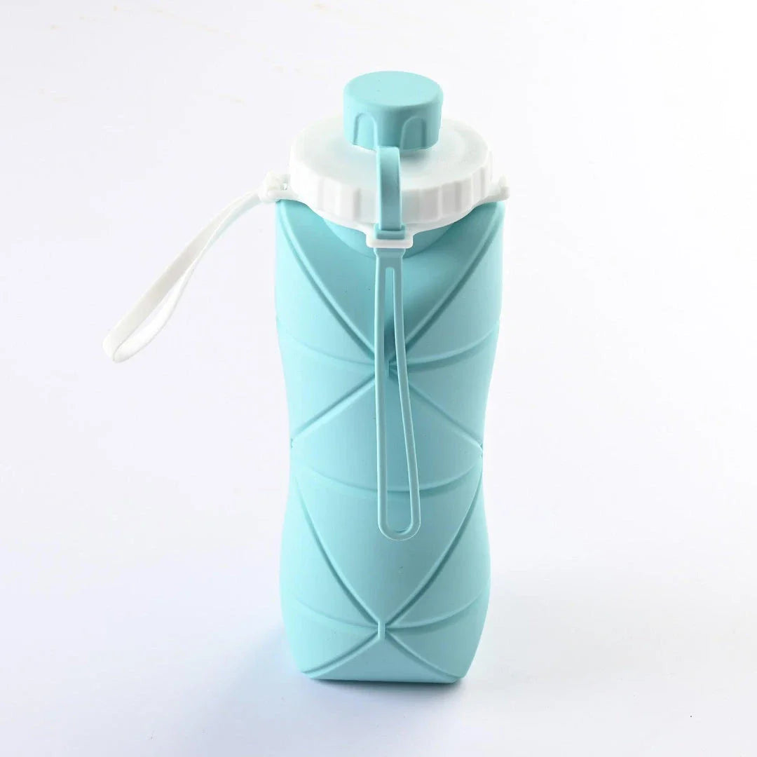 600ml folding silicone water bottle in green, pink, blue, and gray colors for outdoor sports and travel use