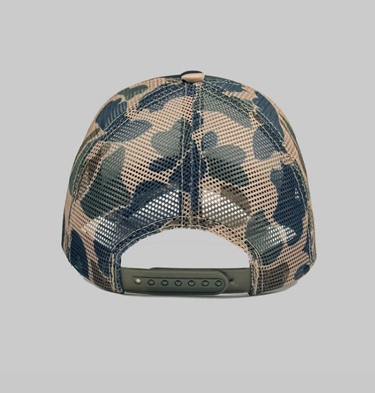 A premium cotton-poly camouflage hat with an adjustable strap for a comfortable, customized fit.