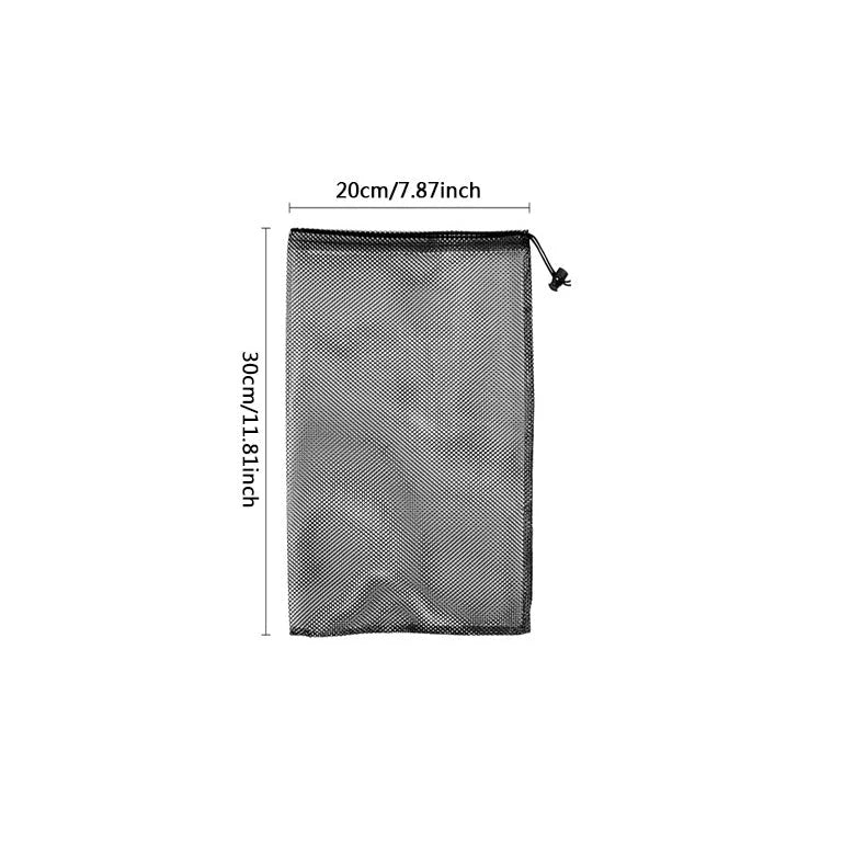 Nylon mesh drawstring storage bag in various sizes, suitable for storing sports gear, laundry, and more