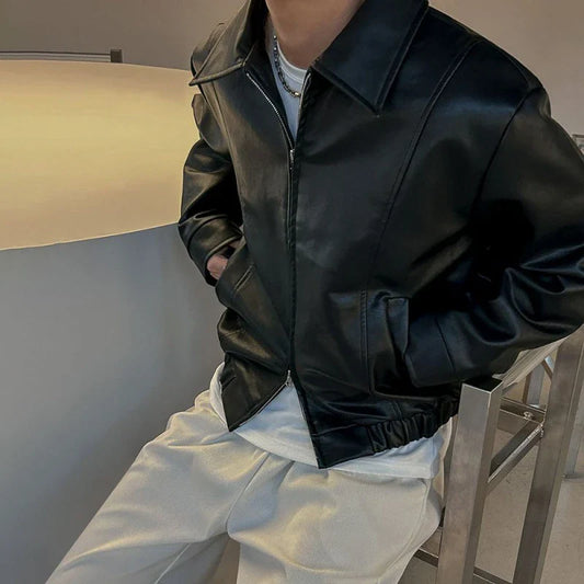 A stylish cropped leather jacket with a polo collar, perfect for Kiwi men's fashion.