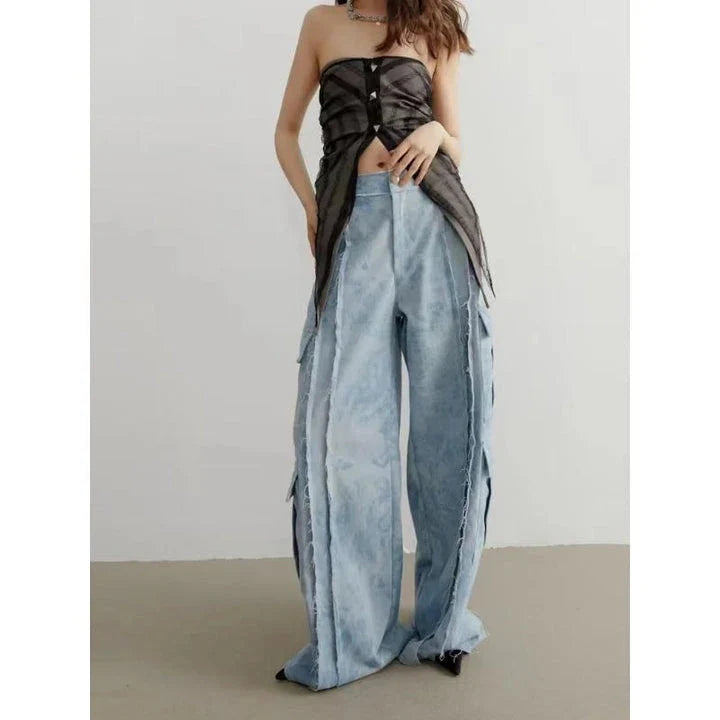 Trendy tie-dye denim pants with high-waist, straight-leg design for fashionable Kiwis