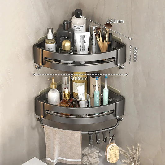 Adhesive Bathroom Shampoo Holder with dual-tier shelves in sleek grey aluminium alloy