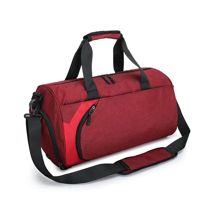 Versatile fitness bag with dry and wet compartments in classic Kiwi colours - red, blue, black, and dark grey