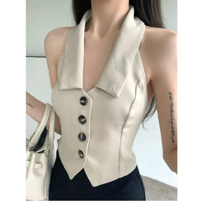 Premium polyester knitted vest with asymmetric design and polo collar, perfect for Kiwi women's fashion