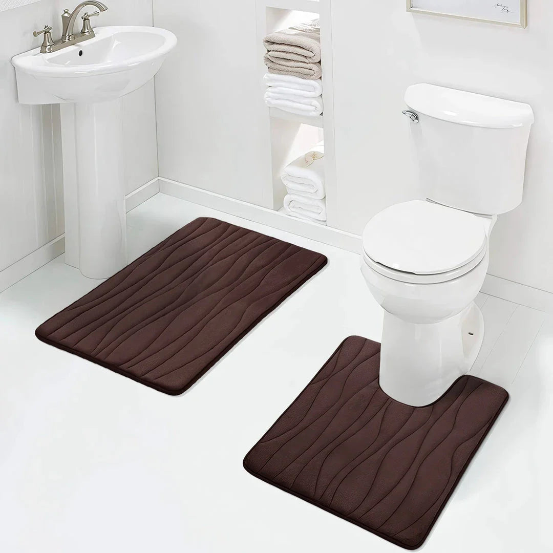 Cosy and comfortable memory foam bathroom mat set with microfiber velvet exterior in black, brown, and gray colours