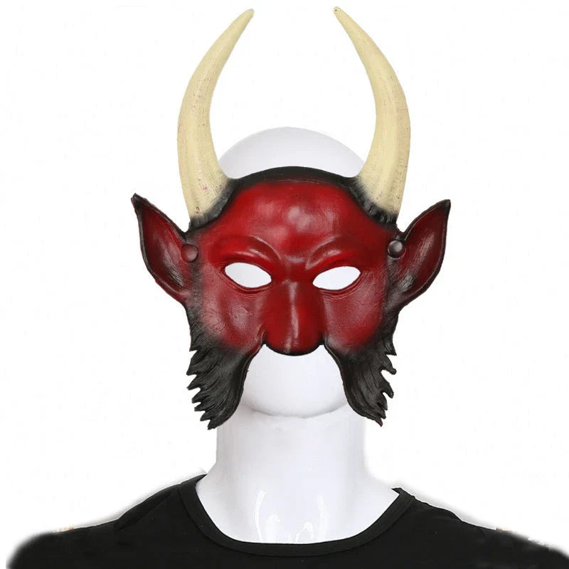 A terrifying Halloween mask with twisted horns and jagged fangs, crafted from premium acrylic materials