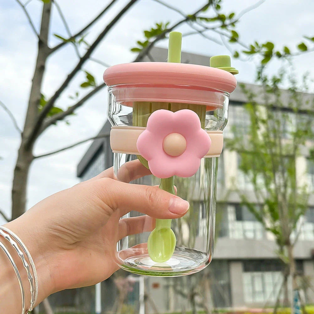 Flower Glass Cup with Infuser and Straw - Vintage-Inspired Drinkware for Charming Hydration